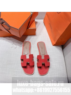 Hermes Oran Flat slippers with Lizard pattern Red 072 2021 Collection