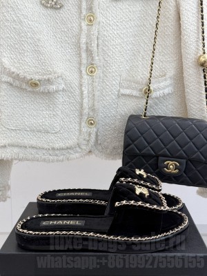 Chanel flat CC turn lock with chain slippers black velvet 2025