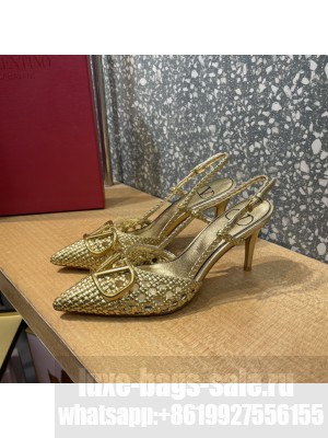 Valentino VLogo Slingback Pumps 8cm in Woven Leather Gold 2022 Collection