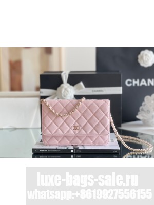 Chanel Grained Calfskin Classic Wallet on Chain WOC Pink/Light Gold 2024 Top Quality