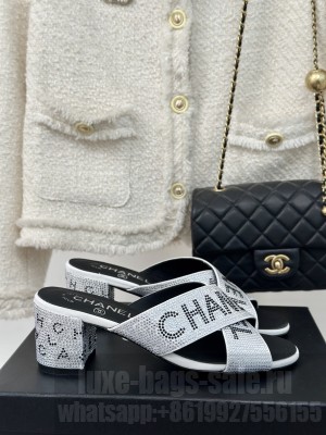 Chanel 4cm Rhinestone Letter Cross Strap Slide Mule Silver 02