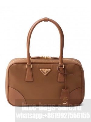 Prada Fever-Edition recycled nylon and Safiano leather double handle bag Coffee