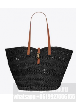 SAINT LAURENT PANIER MEDIUM BAG IN CROCHET RAFFIA AND SMOOTH LEATHER 688221 NOIR