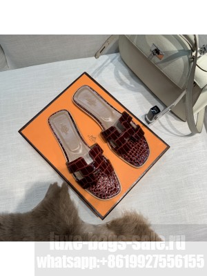 Hermes Oran Flat slippers with Stone pattern Burgandy 078 2021 Collection