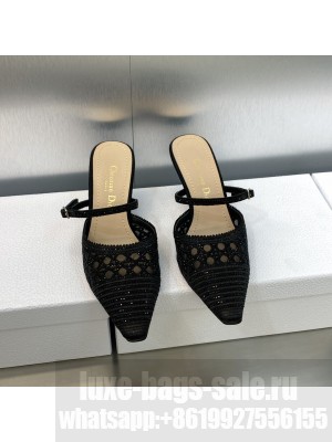 Dior Capture Heel Mules 6.5cm in Black Cannage Embroidered Mesh with Crystals 2023 