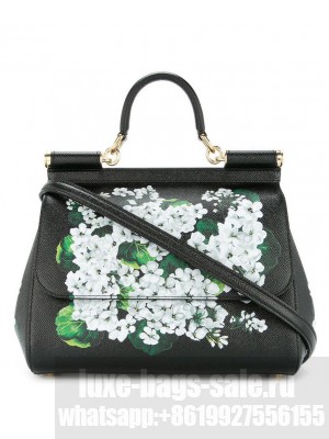 Dolce & Gabbana Floral Print Leather Medium Sicily Bag Black