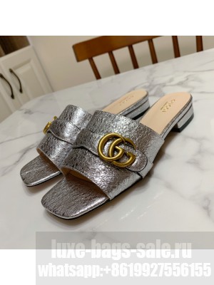 Gucci Leather Double G Flat Slide Sandals Silver 2021 Collection