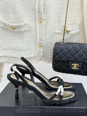 Chanel Vintage Canvas Heel Sandals 7.5cm with Pearls Black 2025
