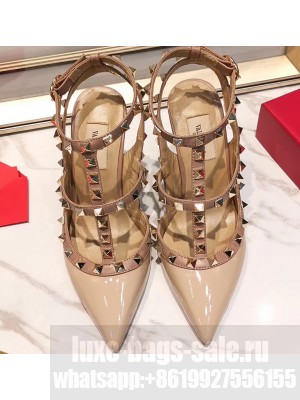Valentino Heel 9.5cm Rockstud Caged Pumps in Patent Leather Nude