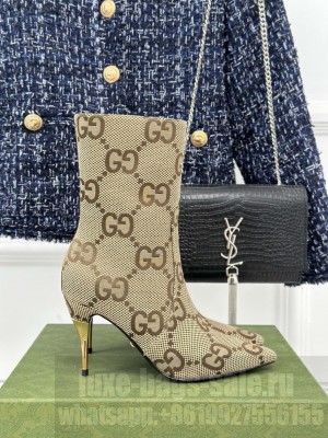 Gucci Metal-Tone Heel Ankle Boots 8.5cm in Maxi GG Canvas Camel 