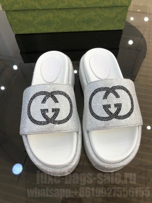 GUCCI GG SLIDE SANDALS WITH DIAMONDS WHITE 2021 Collection