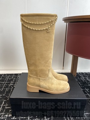 Chanel Suede with Dropped Chain High Boots Beige