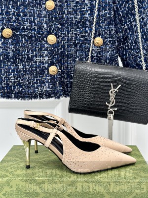 Gucci Satin Slingback Pumps 8.5cm with Crystals Beige