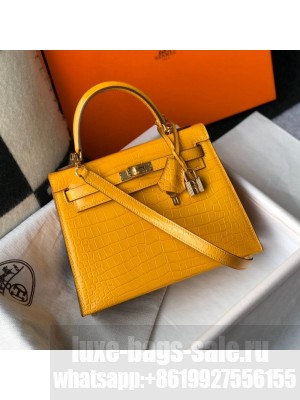 Hermes Kelly 25/28cm in Crocodile Embossed Calf Leather Amber Yellow/Gold 2019 (Half Handmade) Collection