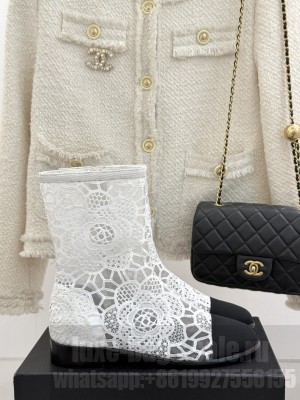 Chanel Lace Flat Ankle Boots White 2025 