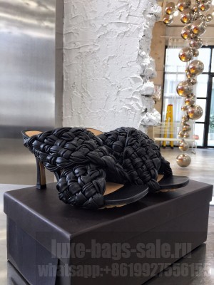 Botteg Veneta BOARD Black Lambskin Woven 90mm Heel Slide Sandals 2020