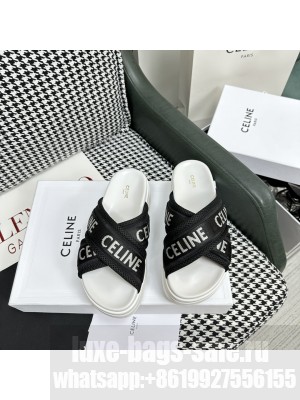 CELINE BLOCK 6CM PLATFORM SLIDE IN MESH & TEXTILE WITH CELINE JACQUARD WHITE,BLACK 04