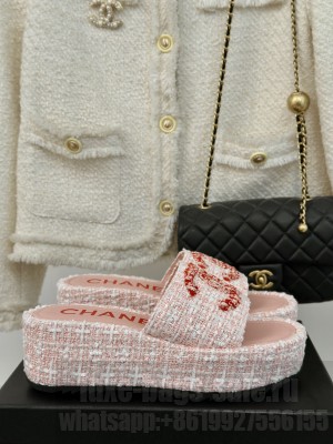 Chanel Pink Tweed Platform Slide Mule 