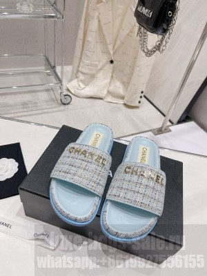 Chanel Tweed Flat Slide Sandals 2023SS Blue