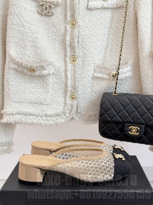 Chanel Mesh with Rhinestones CC Logo Thick heel Slide Beige 2025 
