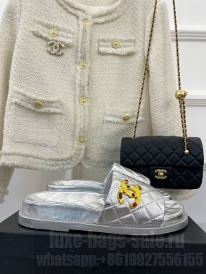 Chanel Quilted With CC Diamond Buckle Flat Slide Sandals Silver