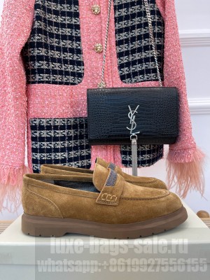 Brunello Cucinelli Beaded Almond Toe Penny Loafers Brown