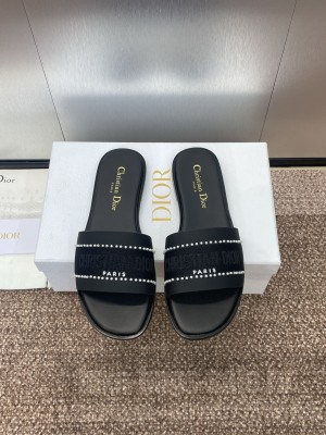 Dior Dway Slide Black Calfskin and Embroidered Cotton With Pearls Flat 2025