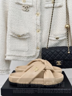 Chanel calfskin Cross Flat Slide Beige
