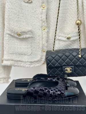 Chanel Women's Velvet & Patent Leather Slide Flat Black