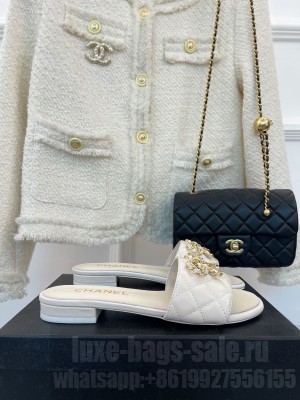 Chanel Lambskin Slide Sandals with CC Chain White 