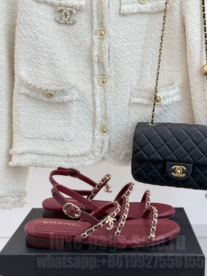 Chanel Lambskin Flat Sandals with Chain Strap burgundy 2025 G45667