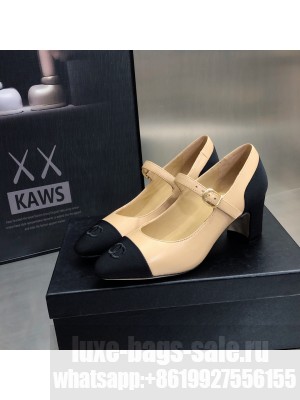 Chanel Lambskin & Grosgrain Mary Janes Pumps 7cm Beige/Black 2022 Collection