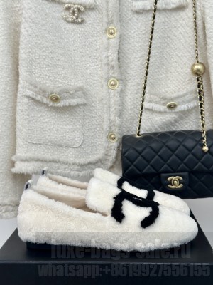 Chanel Women's CC Logo Shearling Fur Moccasins Loafer White 2024