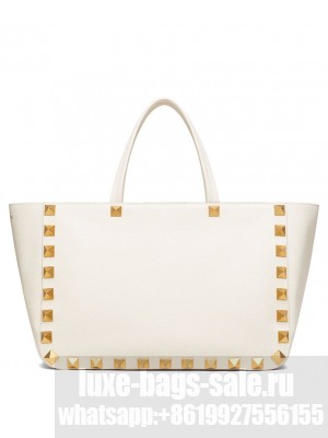 Valentino Roman Stud Grainy Calfskin Tote Bag White