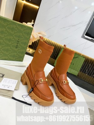 Gucci Women's Leather lug sole Horsebit Sock Boot Brown 2021 Collection