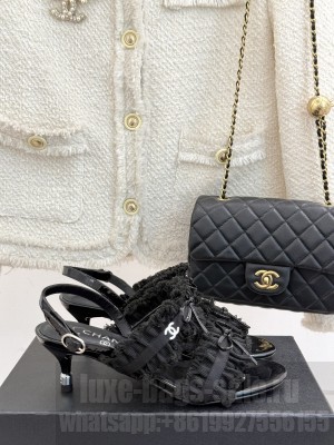 Chanel Fabric Trim Bow Heel 5cm Sandals 2025 Black