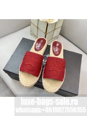 Prada Linen Logo  Embroidered Slides Espadrilles Flats 2022 Collection Red