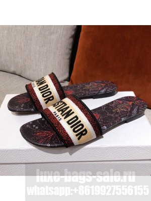 Dior Dway Embroidered Cotton Flat Slide Sandals Beige/Dark Blue Spring/Summer 2021 Collection