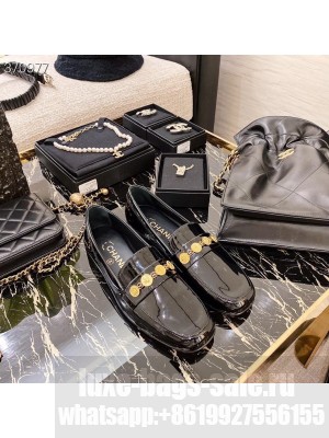 Chanel Charm Embellished Loafers Patent Leather Spring/Summer 2021 Collection, Black