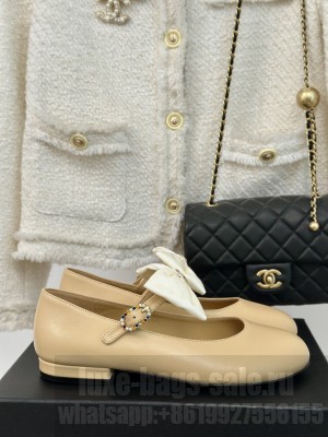Chanel Mary Jane With Bow Lambskin Flats Beige 2024 
