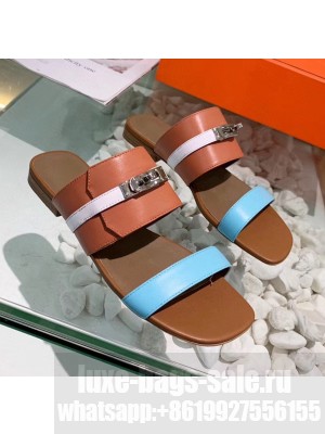Hermes Calfskin Avenue Sandal Brown/Blue/White 2020 Collection
