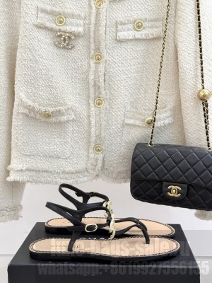 Chanel Lambskin CC Thong Sandals Black 2025 