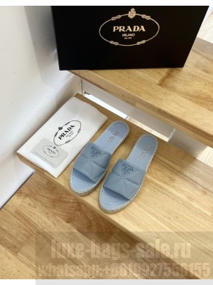 Prada Nappa Leather Espadrille Slides Blue