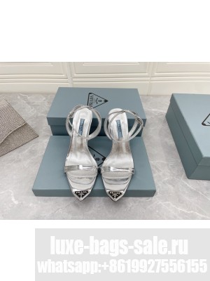Prada Calfskin Sandals 9cm with Metal Logo Silver 2022 Collection