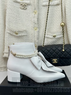 Chanel Calfskin 5.5cm with Maxi Bow and Pearls Ankle Boots Whige