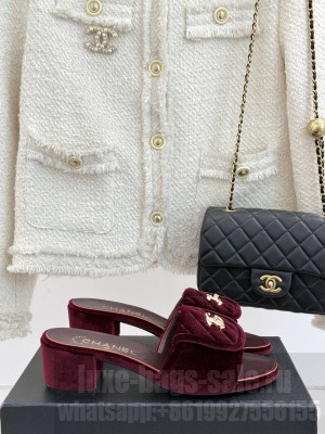 Chanel Velvet Heel Slides Sandal 5cm with Foldover G45474 Burgundy 2025