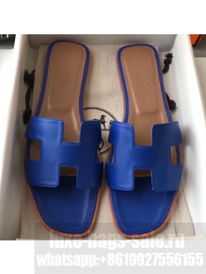 Hermes Oran Flat Slipper Sandals in Swift Box Calfskin Blue/Coffee