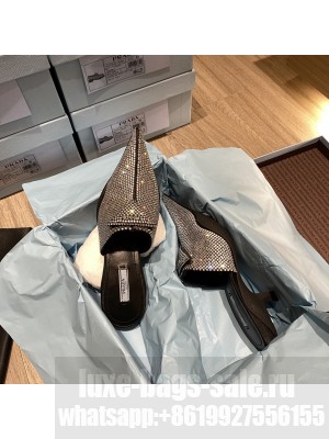 Prada Women's 5cm varnished heel Satin Sandals With Crystals Silver slides Mule 2022 Collection