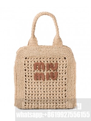 Miumiu Raffia-effect Crochet Fabric Tote Bag 5BA283 Apricot