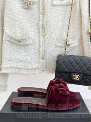 Chanel Velvet Flat Slides Sandal with Camellia Burgundy 2025 